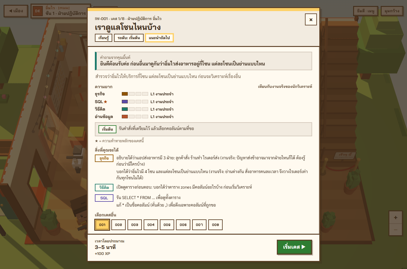 ภาพหน้าจอจริงของเดโมบนเว็บ: ใบเคสชื่อ เราดูแลโซนไหนบ้าง เปิดเป็นหน้าต่างกลางจอบนคอมพิวเตอร์ และเป็นแผ่นด้านล่างบนมือถือ แสดงคำถามจากคุณมิ้นท์ ระดับความยากสี่ด้าน หัวข้อ สิ่งที่คุณจะได้ แยกเป็นธุรกิจ วิธีคิด และ SQL เวลาโดยประมาณ 3 ถึง 5 นาที และปุ่มเริ่มเคส